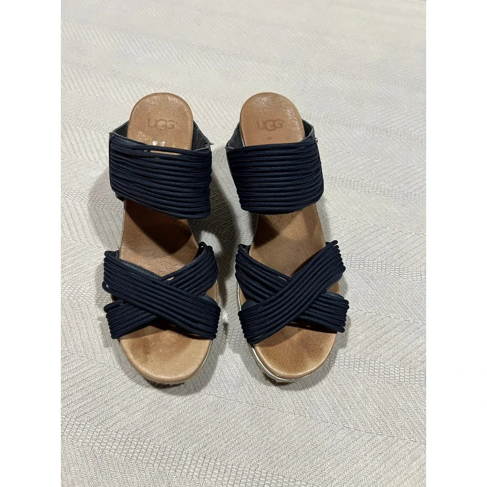 UGG Australia Hilarie Racing Stripe Blue Women's Size 10 Leather Wedge Strappy